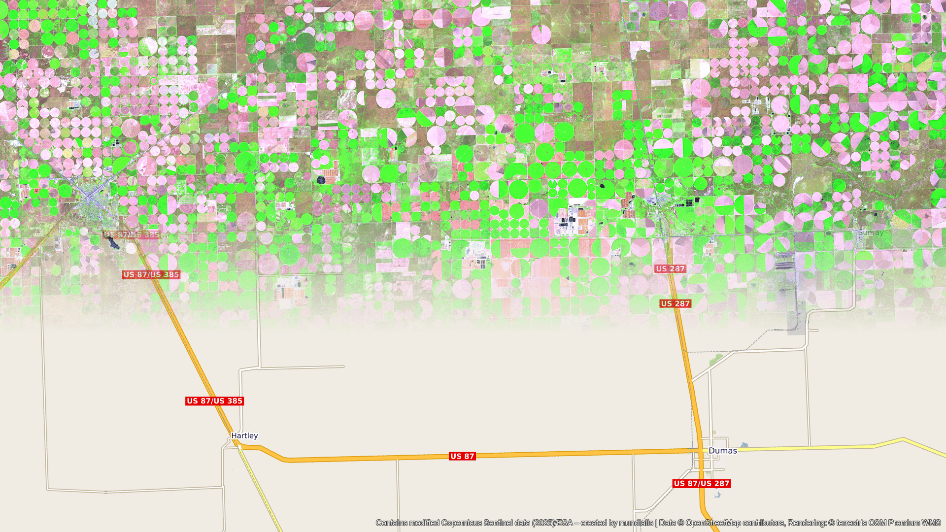 Satellitenbild des Monats Juni 2025: Dalhart (Texas, USA), Überlagerung OSM