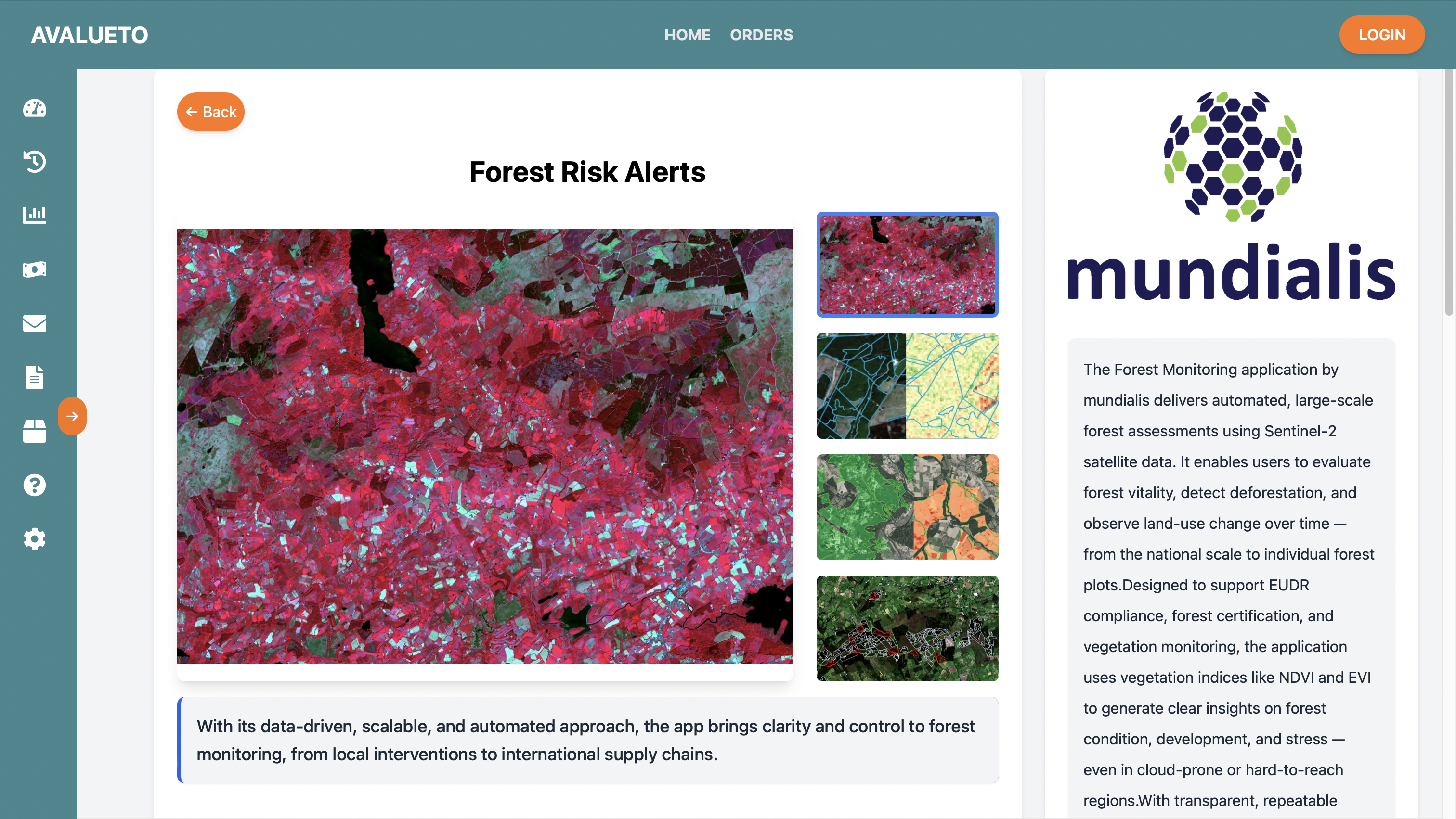 Ansicht der Produktseite "Forest Risk Alerts" auf Avalueto.com